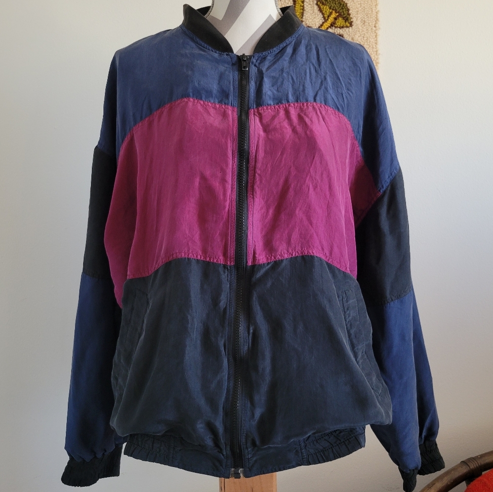Silk Trails | 90s Vintage Blue & Burgundy Silk Jacket